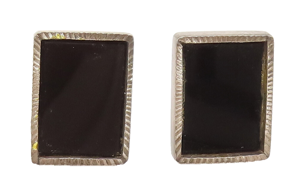 925 Sterling Silver  Vintage Rectangle Onyx Bulged Border Cuff Links  TR3550