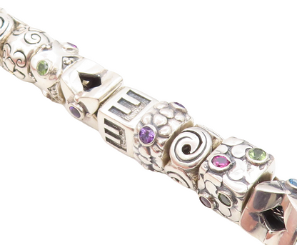 925 Sterling Silver & 18K GOLD Vintage Multi Gemstone Chain Bracelet BT3014