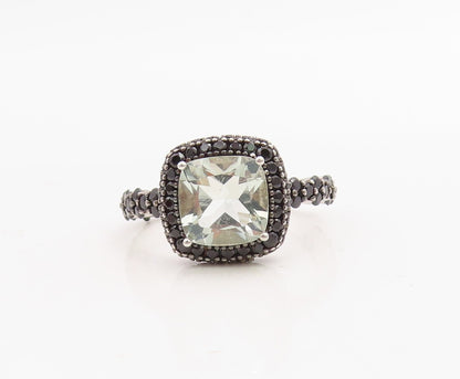 925 Sterling Silver Vintage Ring Square Green Amethyst Halo Spinel  Sz 7 RG30736