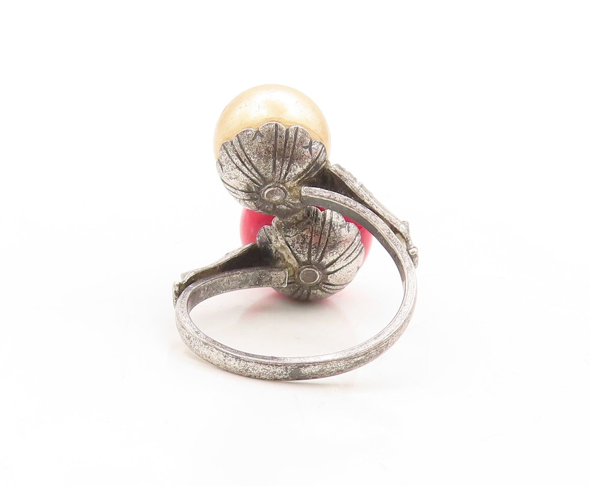 925 Sterling Silver Vintage Ring Designer Dark Tone Gemstone Pearl  Sz 5 RG31570