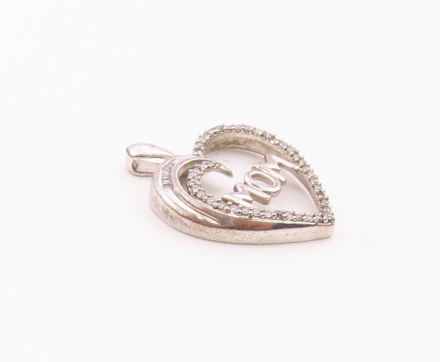 925 Sterling Silver  Vintage Genuine Diamonds Mom Love Heart Pendant  PT12946