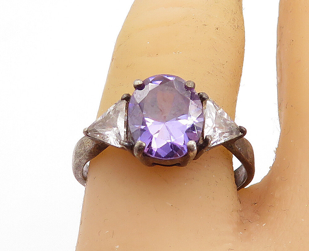 925 Silver  Vintage Purple & White Cubic Zirconia Band Ring Sz 9.5  RG7144