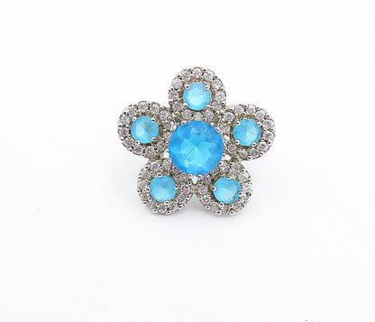 925 Sterling Silver Blue & White Topaz Floral Cocktail Ring Sz 8 RG4113