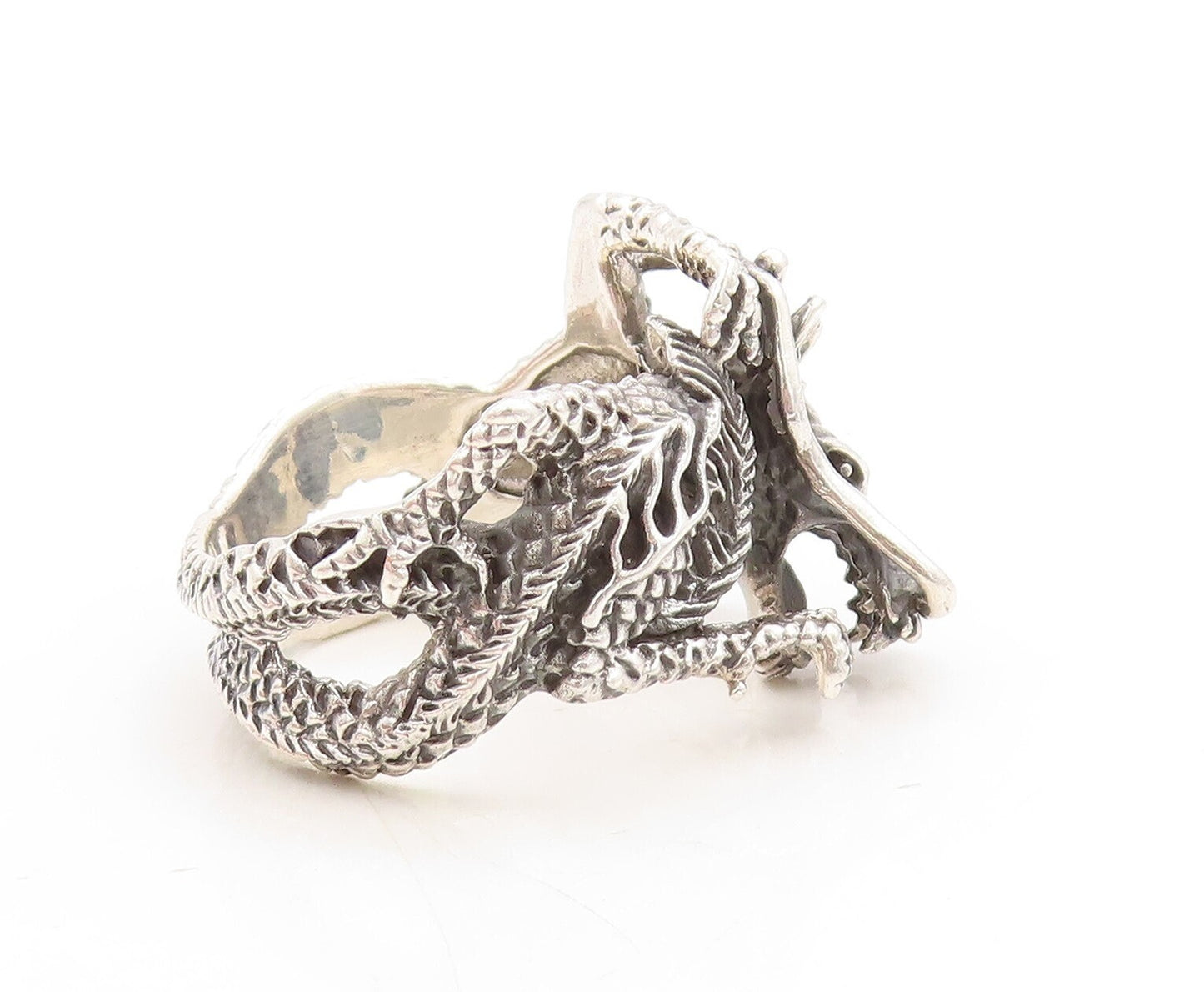 925 Sterling Silver Vintage Ring Dark Tone Wrap Around Dragon  Sz 13.5  RG31307