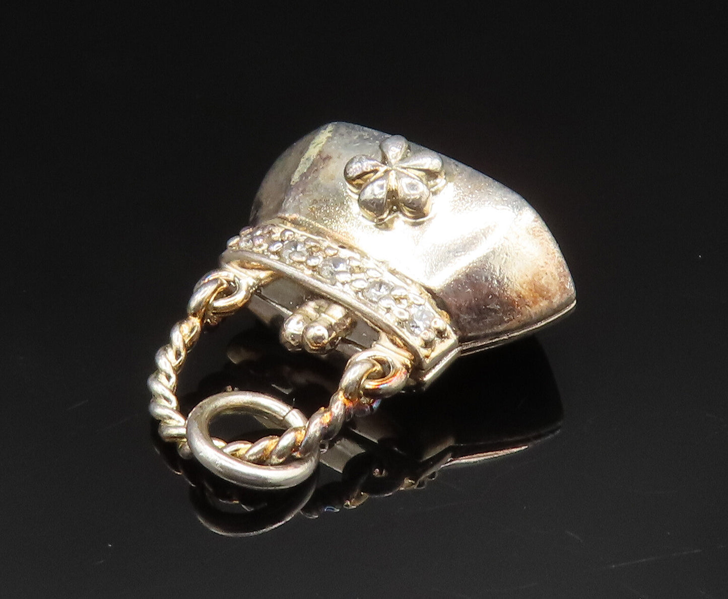 925 Sterling Silver Vintage Cubic Zirconia Floral Purse Pendant (OPENS)  PT20701