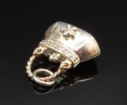 925 Sterling Silver Vintage Cubic Zirconia Floral Purse Pendant (OPENS)  PT20701
