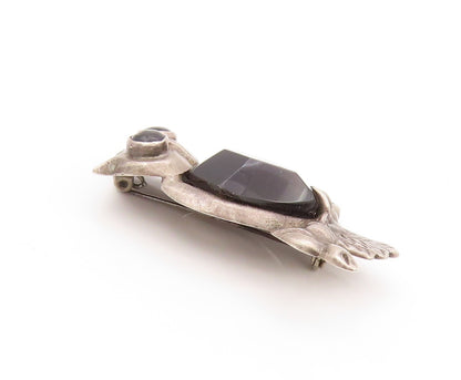 925 Sterling Silver Vintage Brooch MEXICO Onyx Inlay Carved Night Owl  BP11539