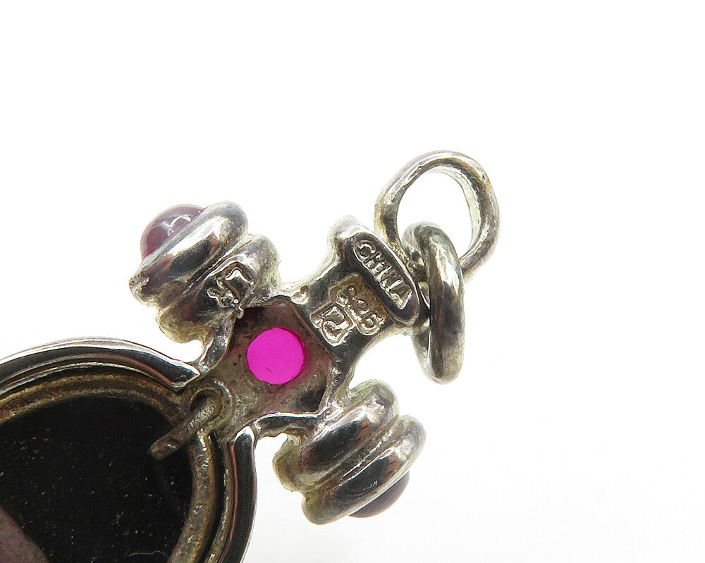 925 Sterling Silver  Vintage Shiny Hematite & Pink Topaz Pendant  PT15273