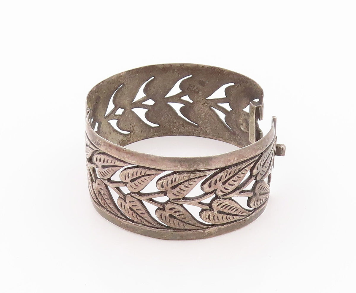 925 Sterling Silver Vintage Bracelet PERU Antique Dark Tone Leaf Bangle  BT11126