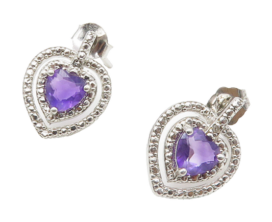 925 Sterling Silver  Genuine Diamonds & Amethyst Heart Drop Earrings  EG8432
