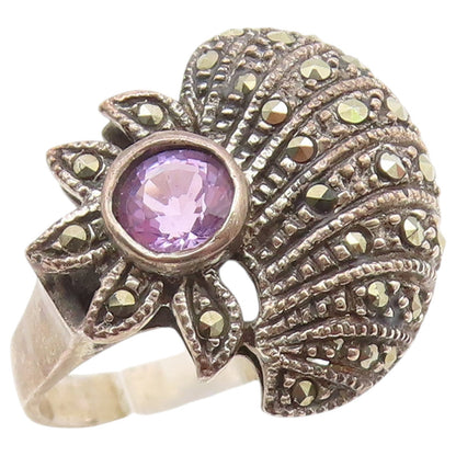 925 Sterling Silver Vintage Ring Amethyst Floral Statement Band  Sz 8.5  RG36487