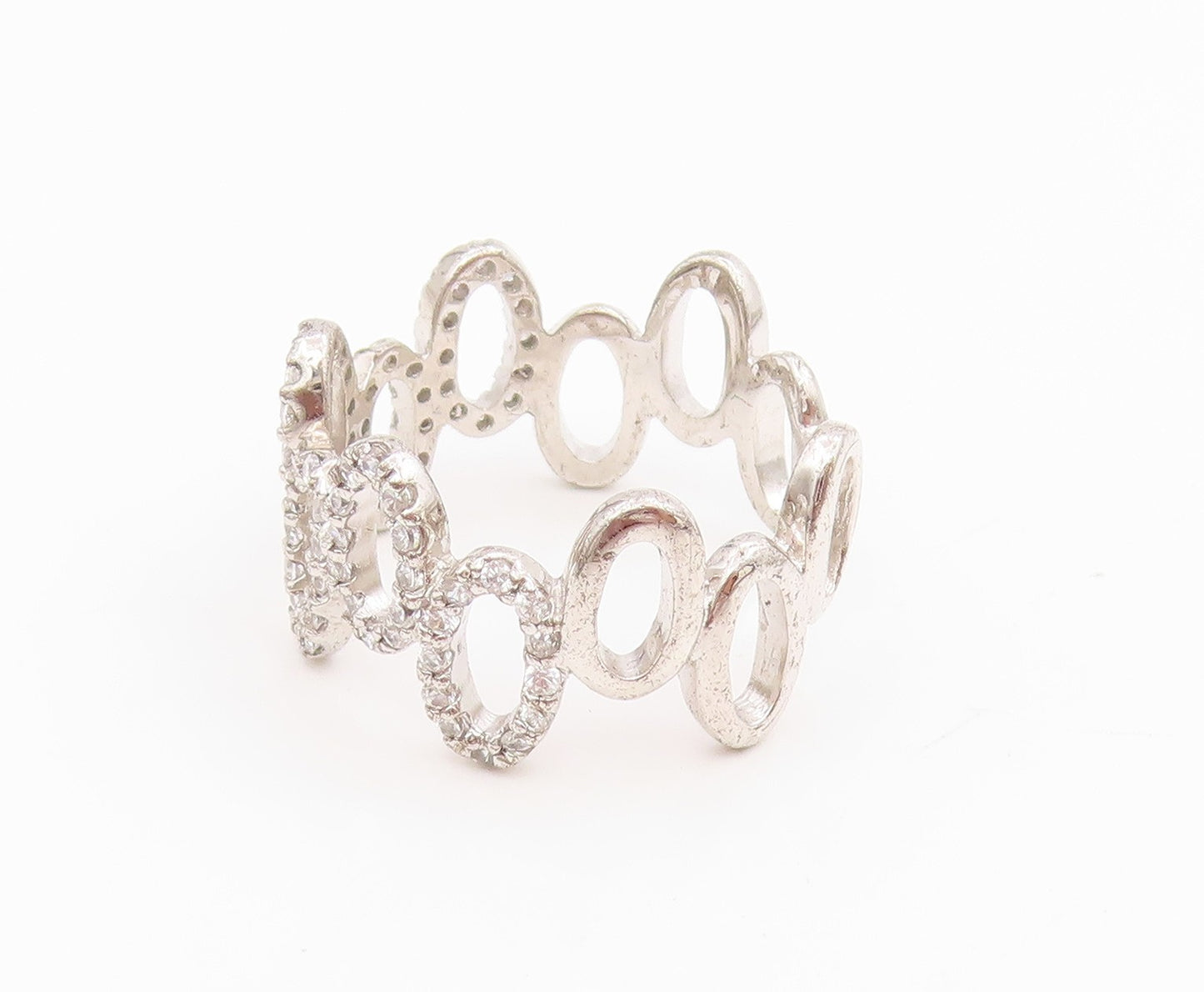 925 Sterling Silver Vintage Ring CZ Interlocking Wavy Oval Loop Sz 8 RG34468