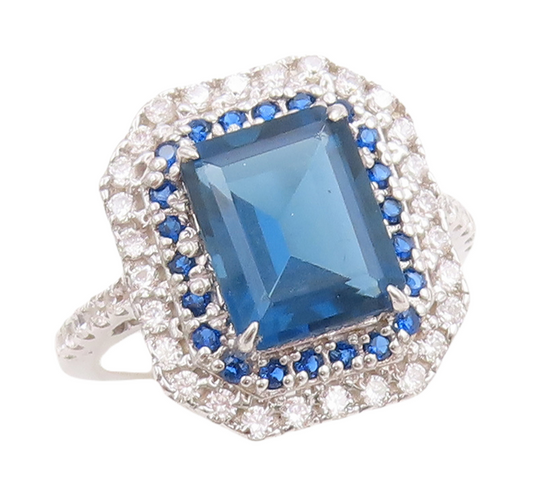 925 Sterling Silver Vintage Ring Designer Rectangle Sapphire & CZ  Sz 7  RG30662