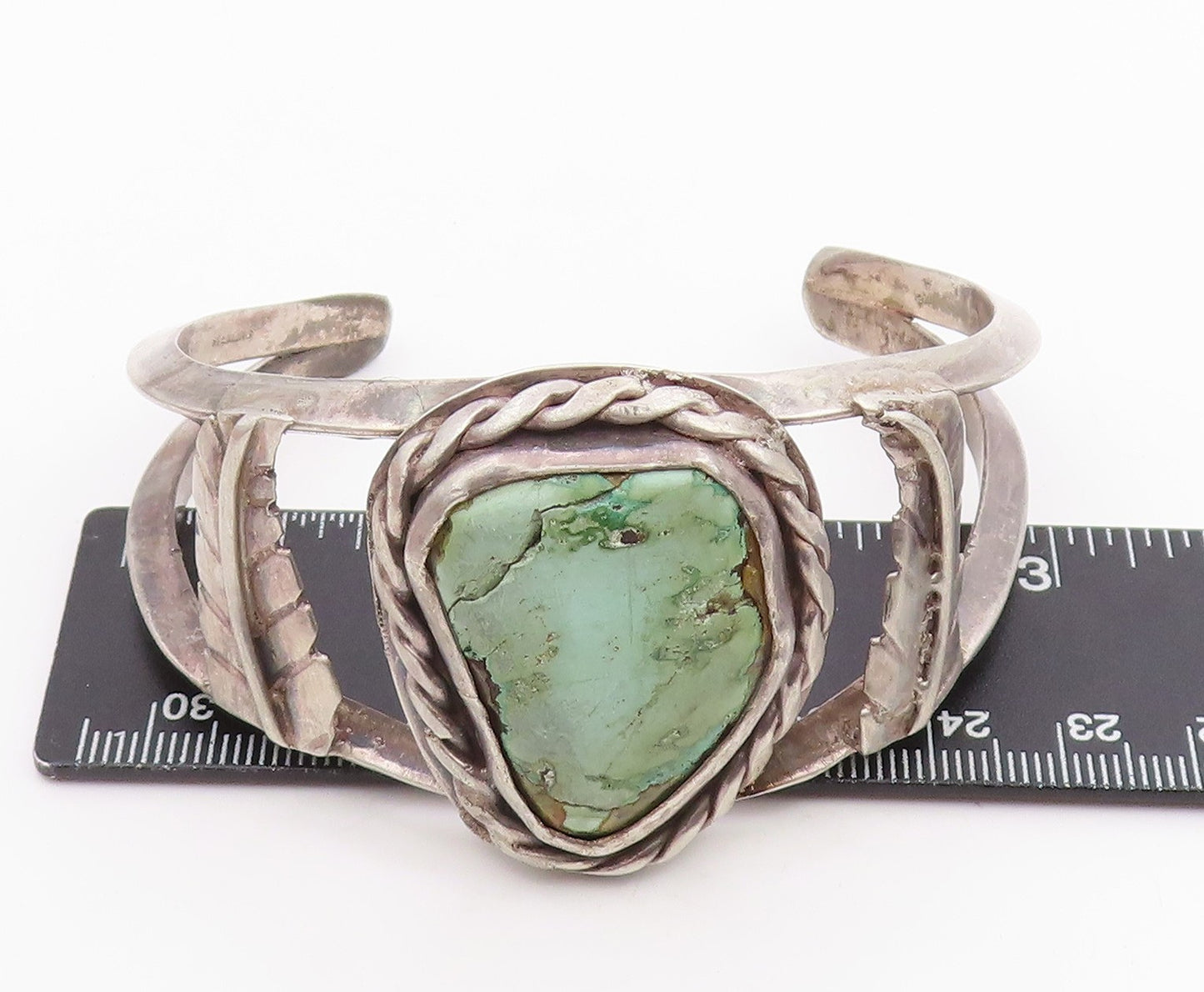 925 Sterling Silver Vintage Bracelet NAVAJO Turquoise Etched Leaf Cuff  BT11979