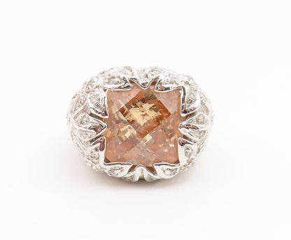 925 Sterling Silver Vintage Ring Citrine & CZ Floral Motif Band  Sz 8  RG35373