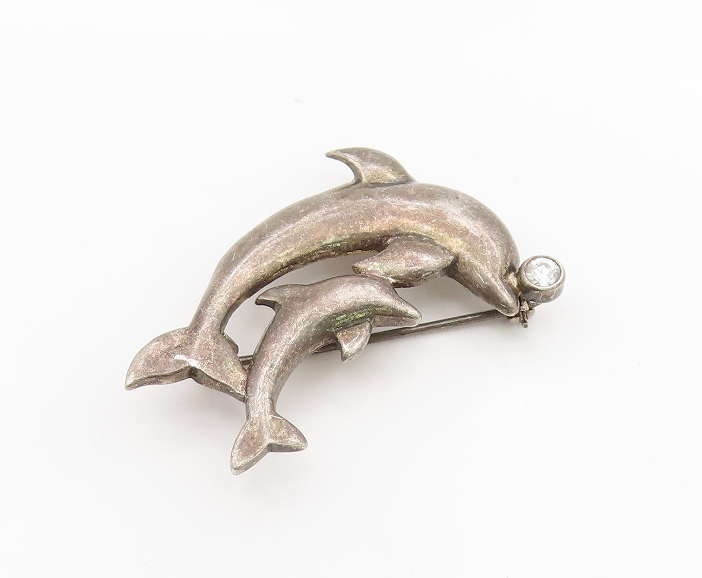 925 Sterling Silver Vintage Brooch Round Topaz Mother & Baby Dolphin  BP12143