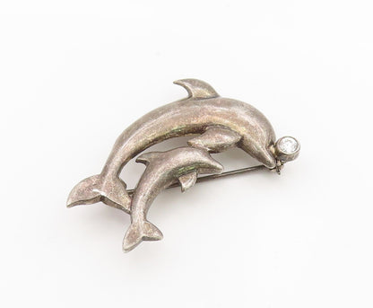 925 Sterling Silver Vintage Brooch Round Topaz Mother & Baby Dolphin  BP12143
