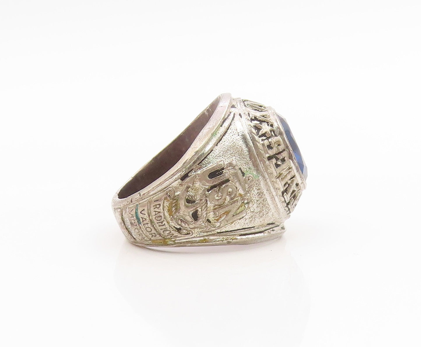 925 Sterling Silver Vintage Ring Blue CZ US Navy Veteran Eagle  Sz 9  RG34617