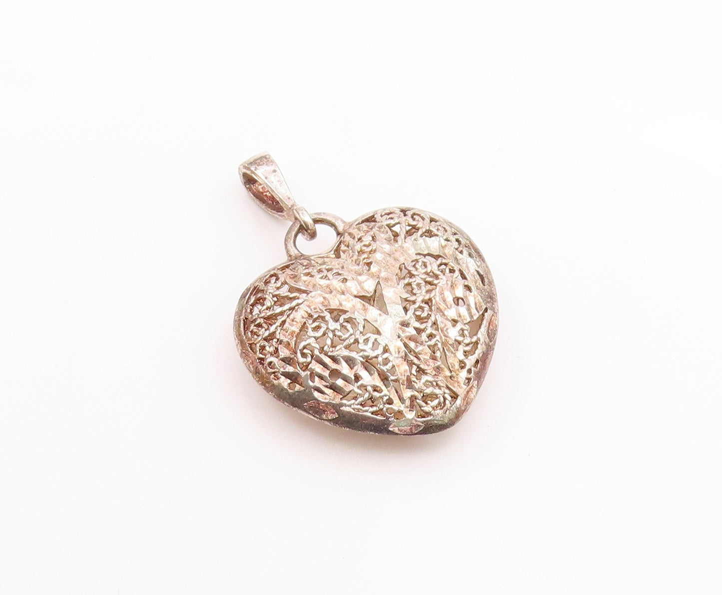925 Sterling Silver Vintage Shiny Diamond Cut Love Heart Pendant  PT18444