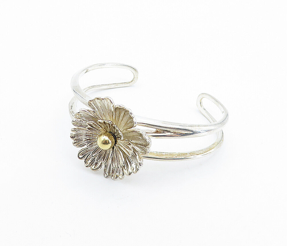 ESPO 925 Silver & 14K GOLD  2 Tone Sculpted Flower Split Cuff Bracelet  BT2484