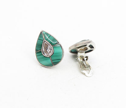 925 Silver   Vintage Cubic Zirconia & Malachite Non Pierce Earrings  EG4396