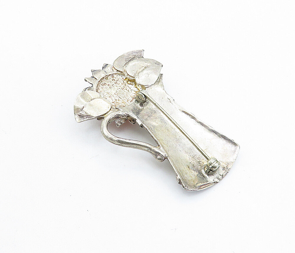925 Sterling Silver  Vintage Carnelian Flower Watering Can Brooch Pin  BP2303
