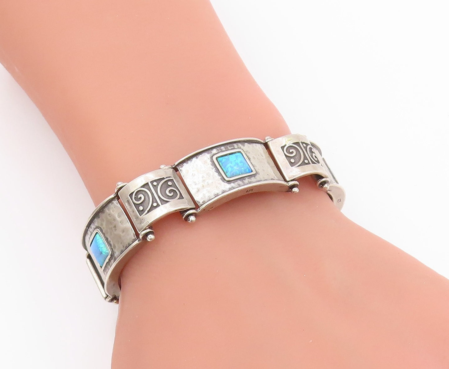 925 Sterling Silver Vintage Bracelet SHABLOOL ISRAEL Opal Hammered Link  BT11443