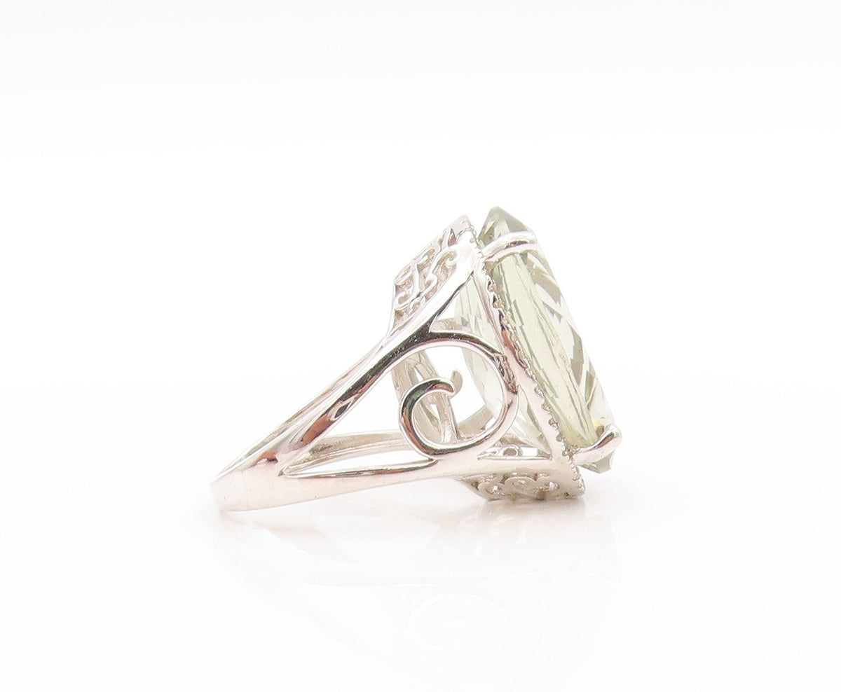 925 Sterling Silver Vintage Ring Oval Green Amethyst Halo Topaz  Sz 7  RG32736