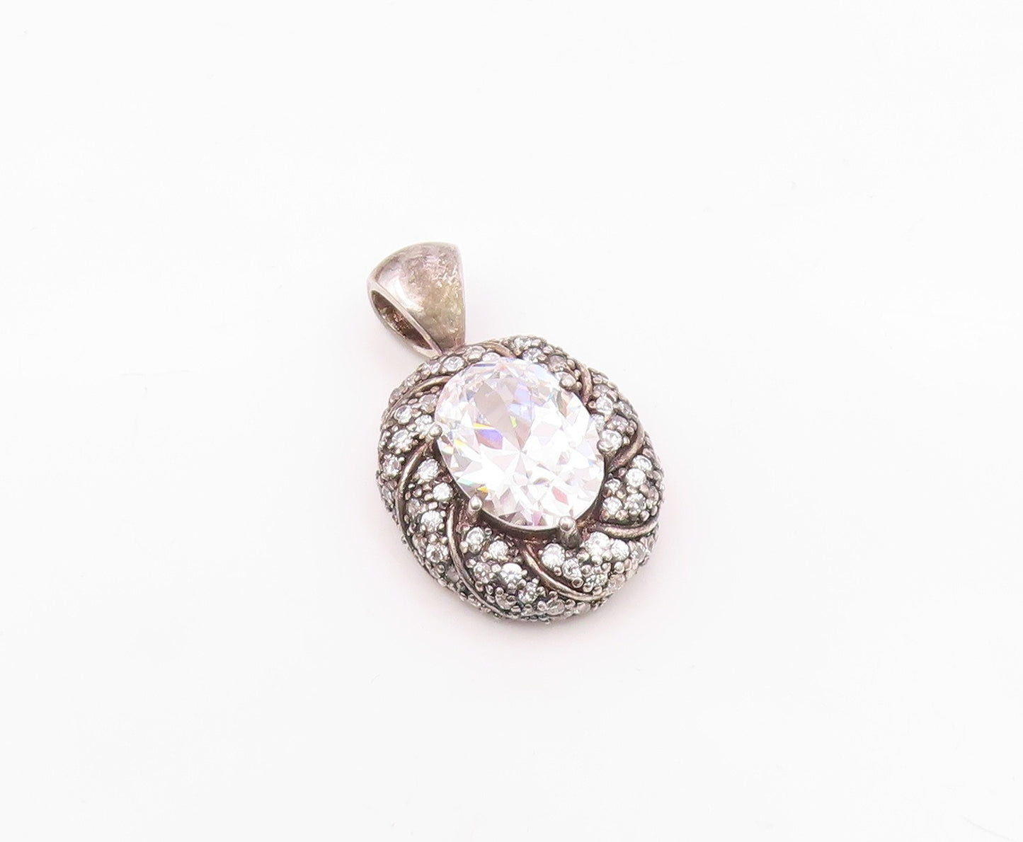 925 Sterling Silver   Vintage Sparkling Cubic Zirconia Oval Pendant  PT14994