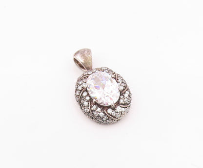925 Sterling Silver   Vintage Sparkling Cubic Zirconia Oval Pendant  PT14994
