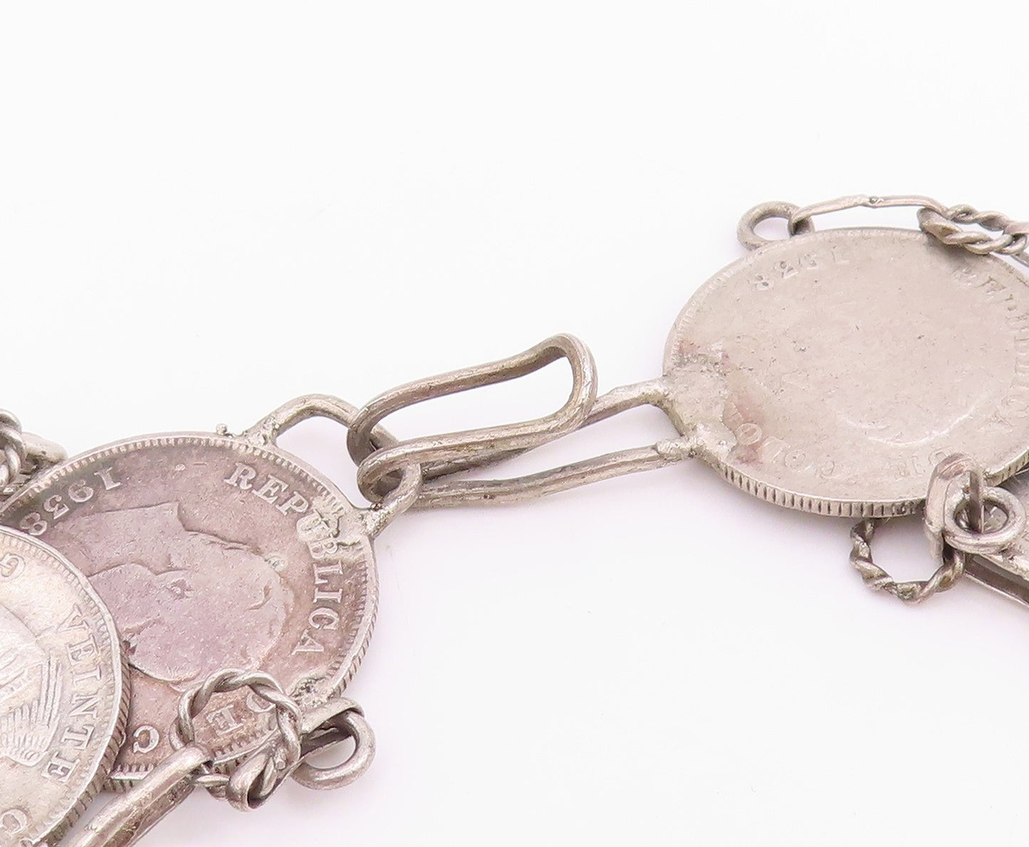 Solid Silver Vintage Necklace Columbia Centavos Long Coin Panel Link  NE4727