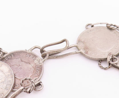 Solid Silver Vintage Necklace Columbia Centavos Long Coin Panel Link  NE4727