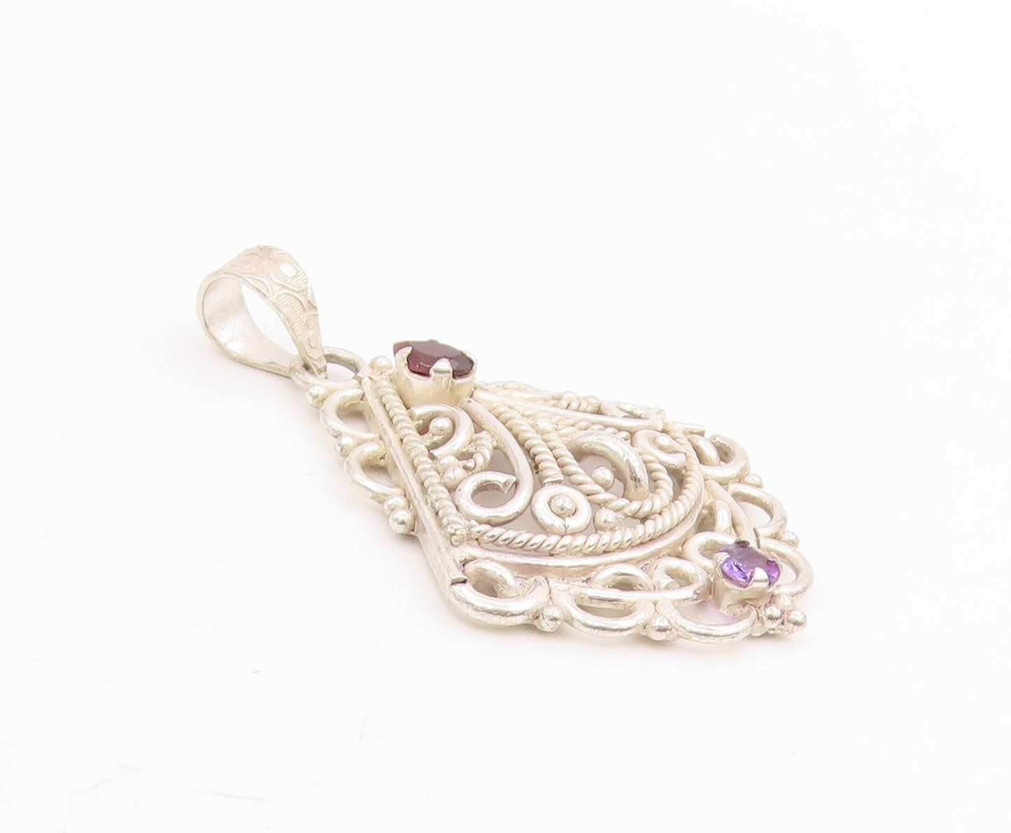 925 Sterling Silver Vintage Pendant Garnet & Amethyst Open Scrollwork  PT25793