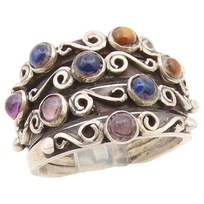 925 Sterling Silver Vintage Ring Multi Gemstone Scrollwork Band  Sz 7.5  RG36817