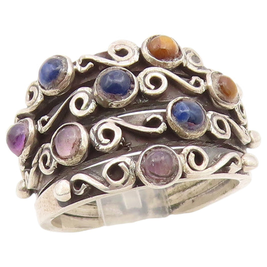 925 Sterling Silver Vintage Ring Multi Gemstone Scrollwork Band  Sz 7.5  RG36817