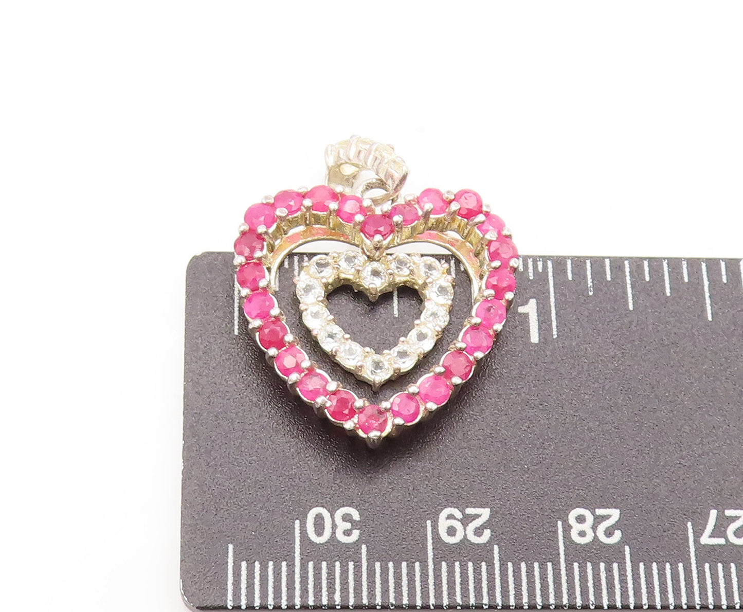 925 Sterling Silver  Vintage Ruby & Topaz Double Love Heart Pendant  PT22412
