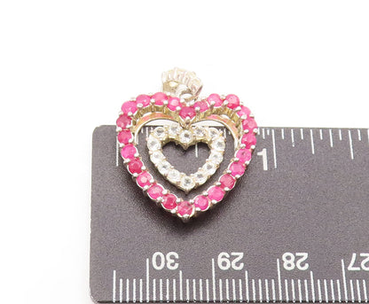 925 Sterling Silver  Vintage Ruby & Topaz Double Love Heart Pendant  PT22412