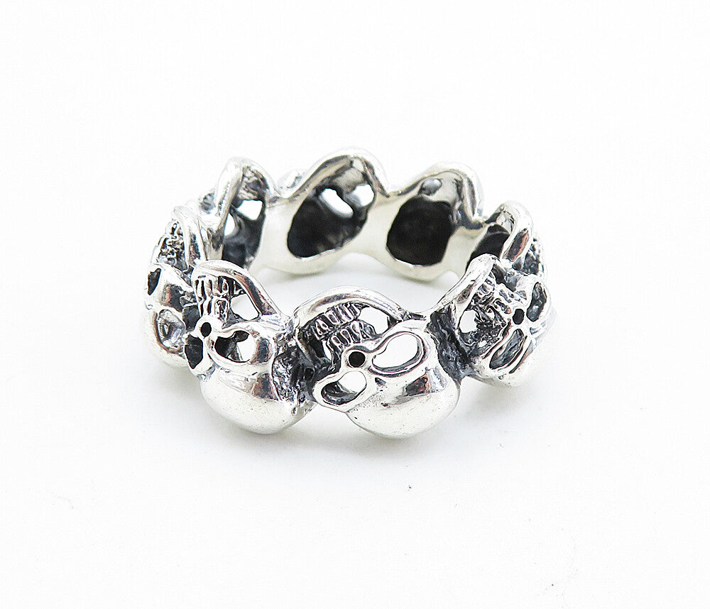 925 Sterling Silver  Vintage Shiny Sculpted Skulls Band Ring Sz 9.5  RG7326