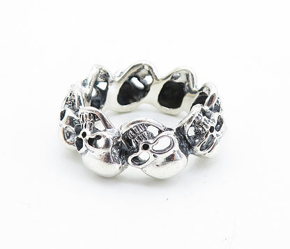 925 Sterling Silver  Vintage Shiny Sculpted Skulls Band Ring Sz 9.5  RG7326