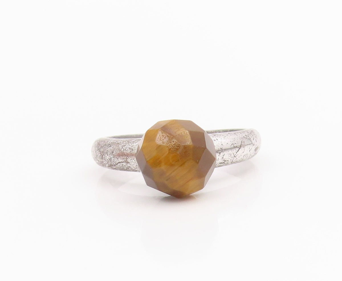 925 Sterling Silver Vintage Ring Faceted Tiger's Eye Solitaire Band Sz 6 RG34228