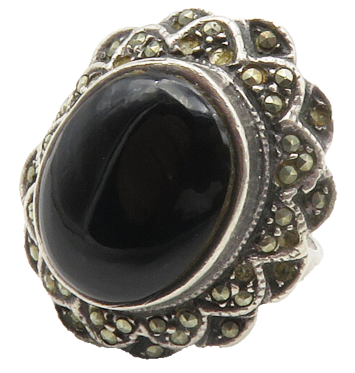 925 Sterling Silver  Vintage Onyx & Marcasite Cocktail Ring Sz 3.5  RG14613