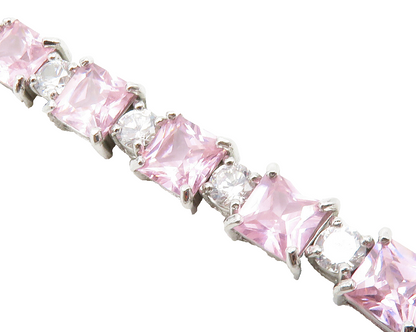 925 Sterling Silver  Pink & White Topaz Shiny Hinge Link Chain Bracelet BT4982