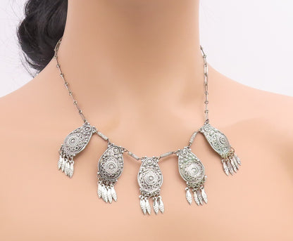 925 Sterling Silver Vintage Necklace ISRAEL Intricate Motif Design Choker NE4823