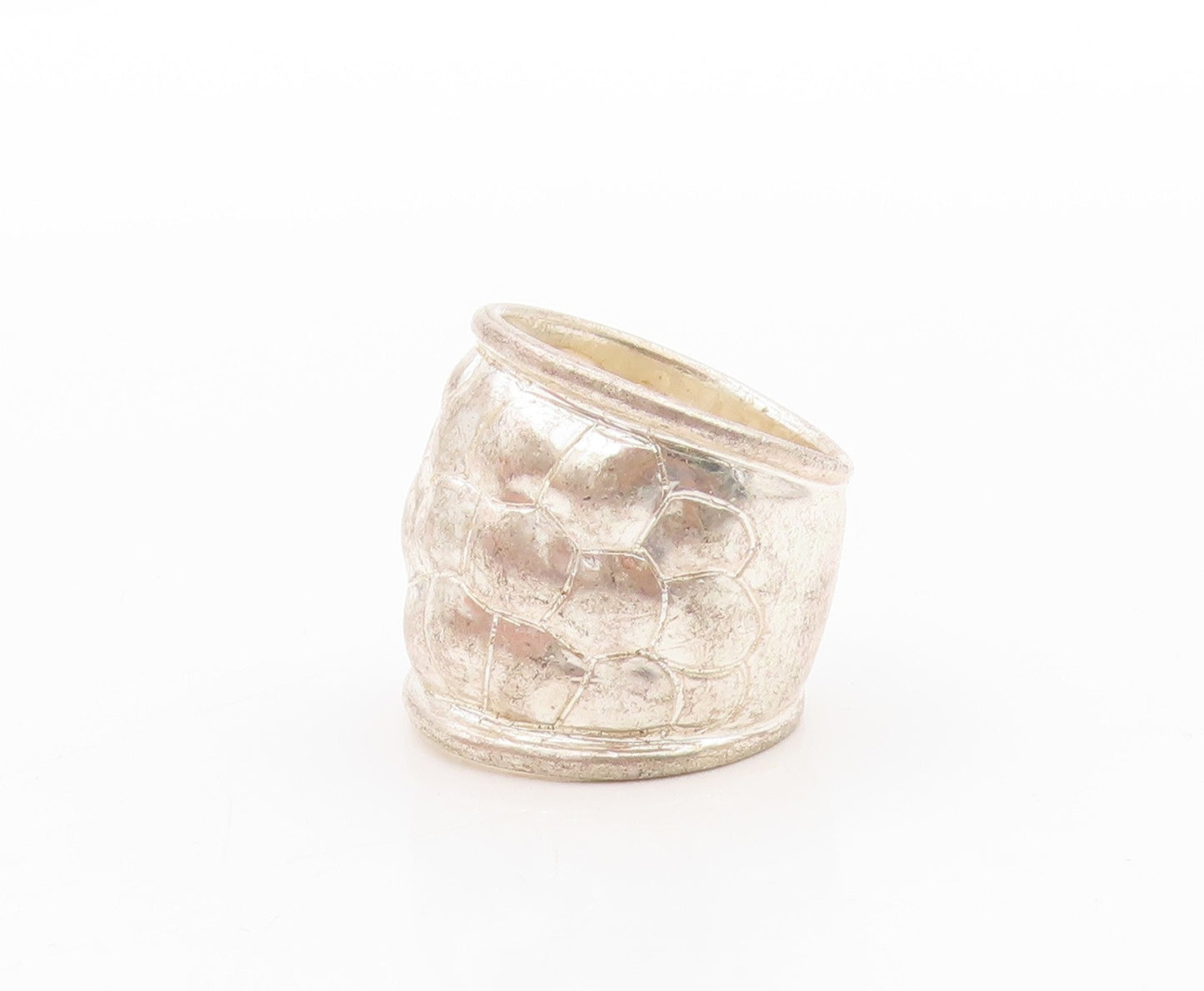 925 Sterling Silver Vintage Ring Broad Brutalist Carved Band  Sz 7  RG33302