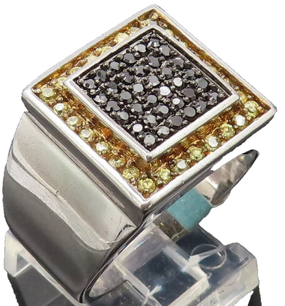 925 Sterling Silver Vintage Black & Yellow Sapphire Square Ring Sz 11.5 RG27157