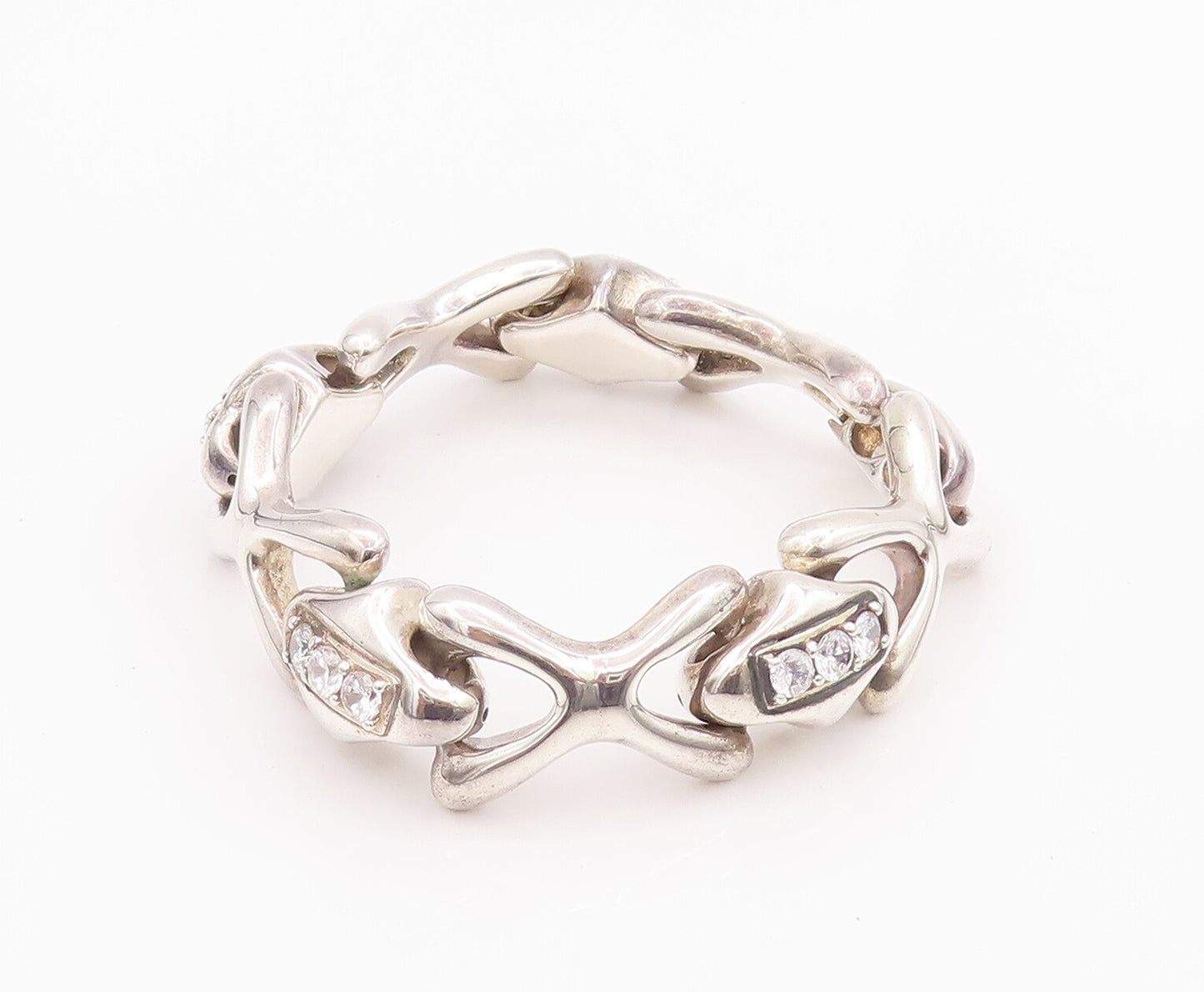 925 Sterling Silver Vintage Bracelet Puffed Topaz Row & 'X' Linked  BT10211