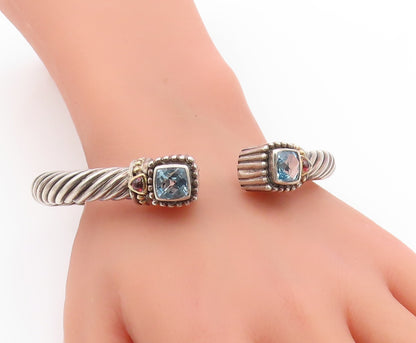 14k Gold & 925 Sterling Silver Vintage Bracelet Faceted Blue Topaz Cuff  BT11761