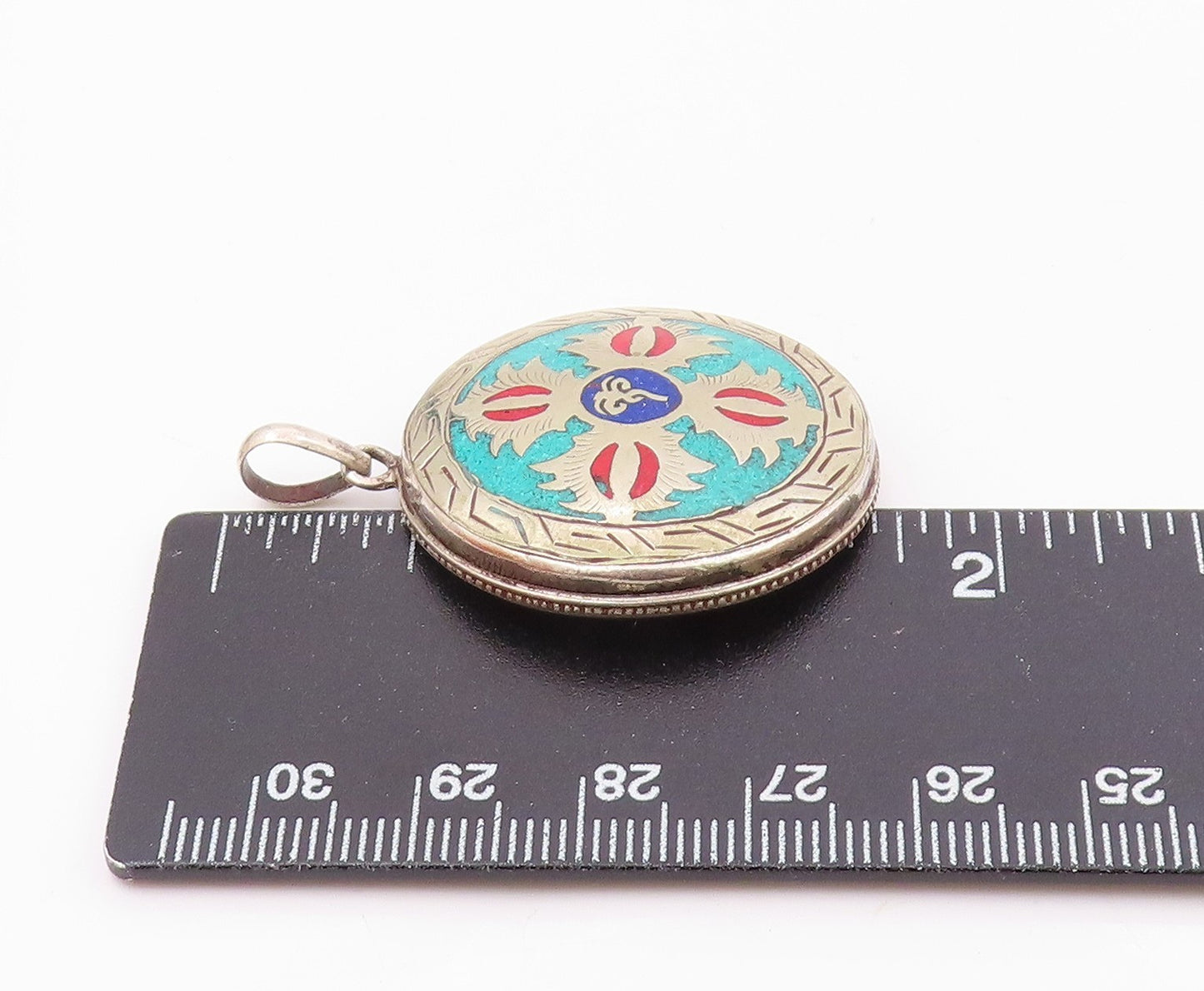925 Sterling Silver  Vintage Enamel Symbol Etched Border Pendant  PT20082