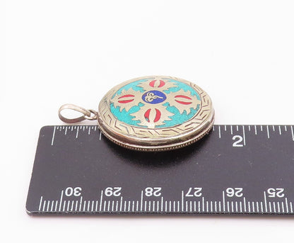 925 Sterling Silver  Vintage Enamel Symbol Etched Border Pendant  PT20082