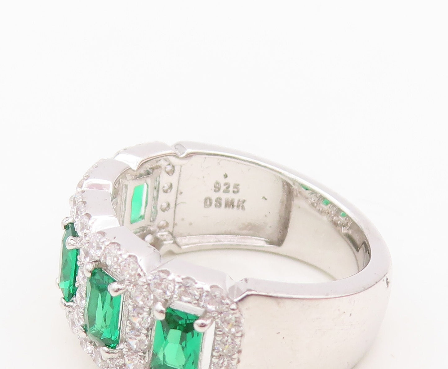 925 Sterling Silver Vintage Ring Rectangle Green Halo White CZ  Sz 7.5  RG30483